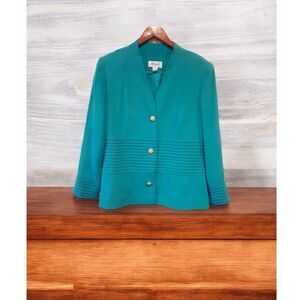 Vintage Misho 100% Silk Blazer Size 14 Teal Green Pleated Detail Gold Buttons